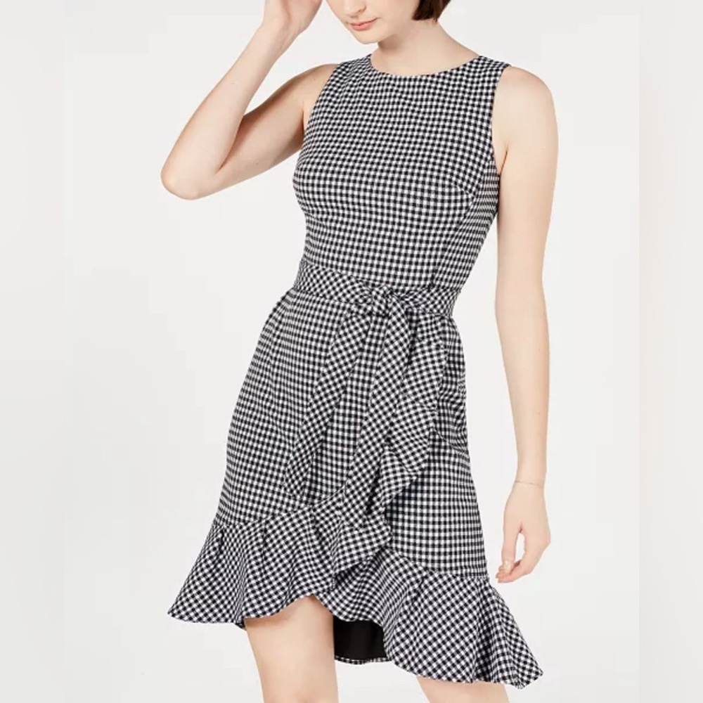 NWT Calvin Klein Black White Gingham Check Houndstooth Faux Wrap Ruffle Dress